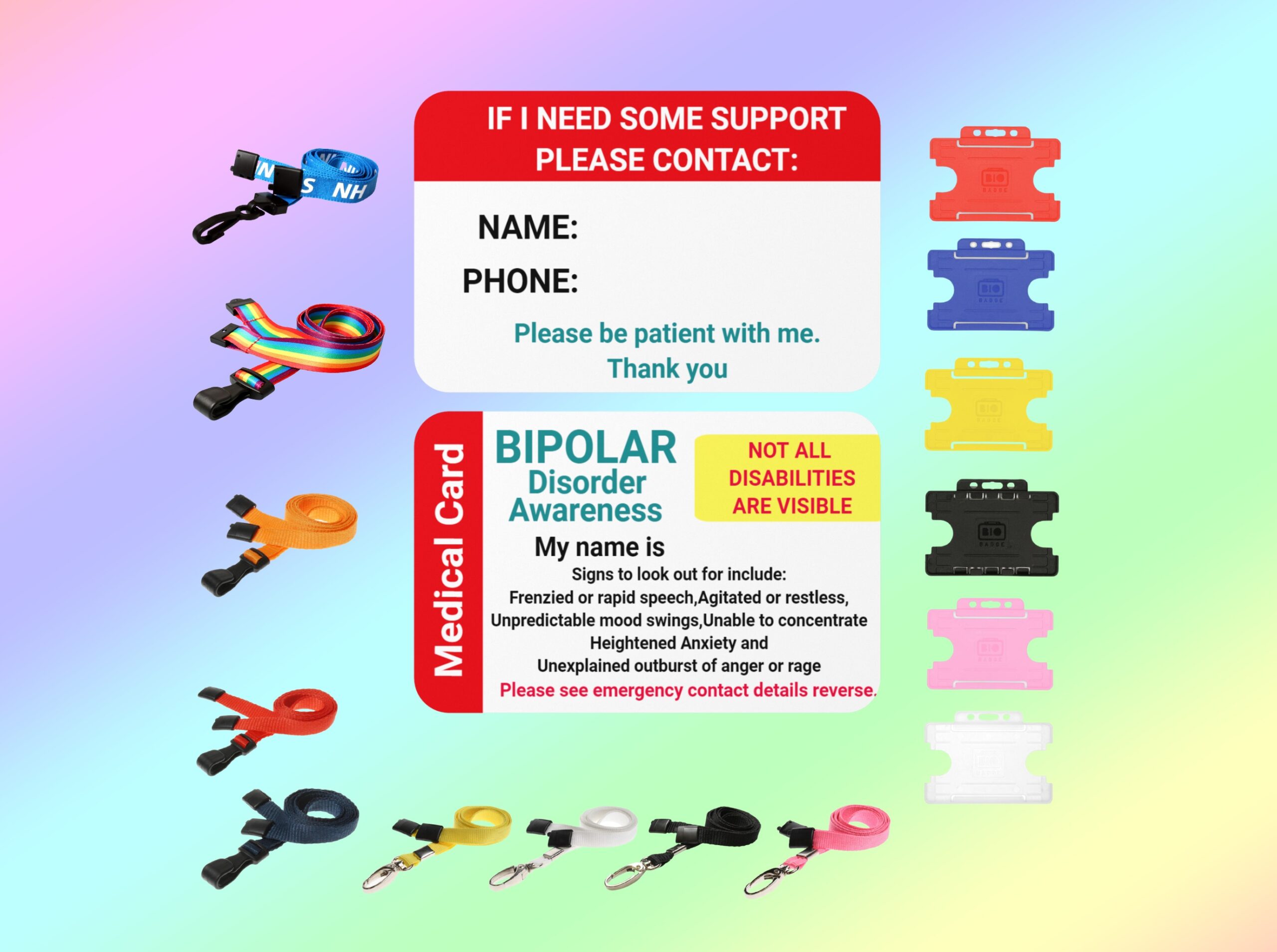 Bipolar Disorder Awareness Medical Card - Personalized - Lanyard and Card holder