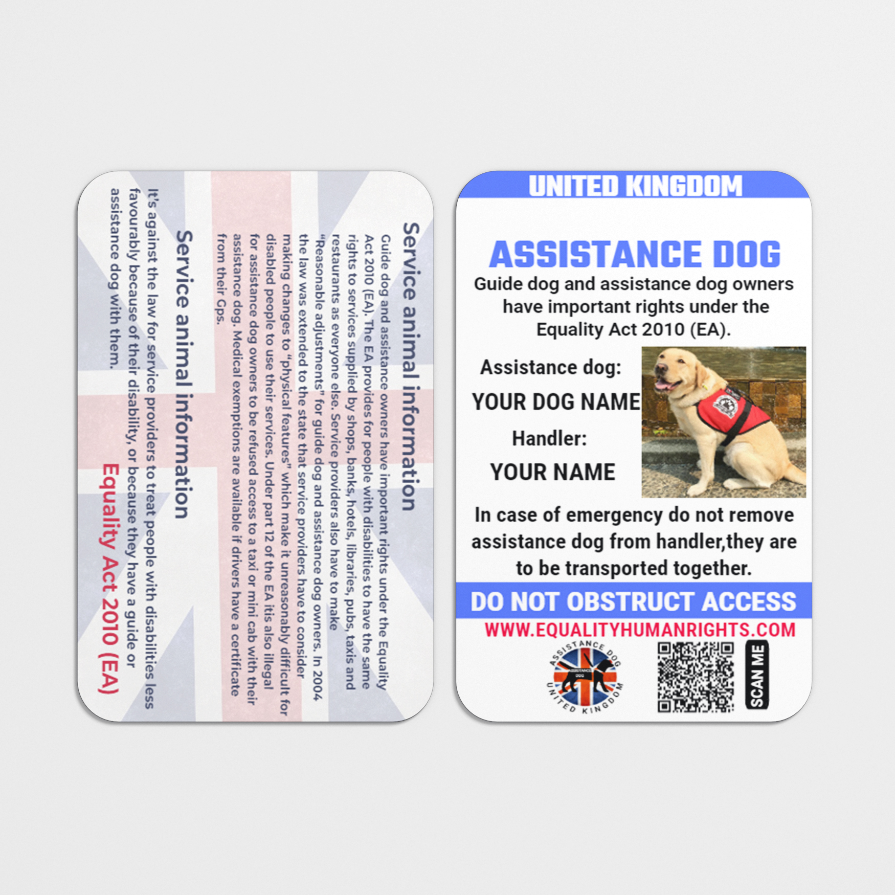 Personalized Assistance Dog Card UK with Free Lanyard