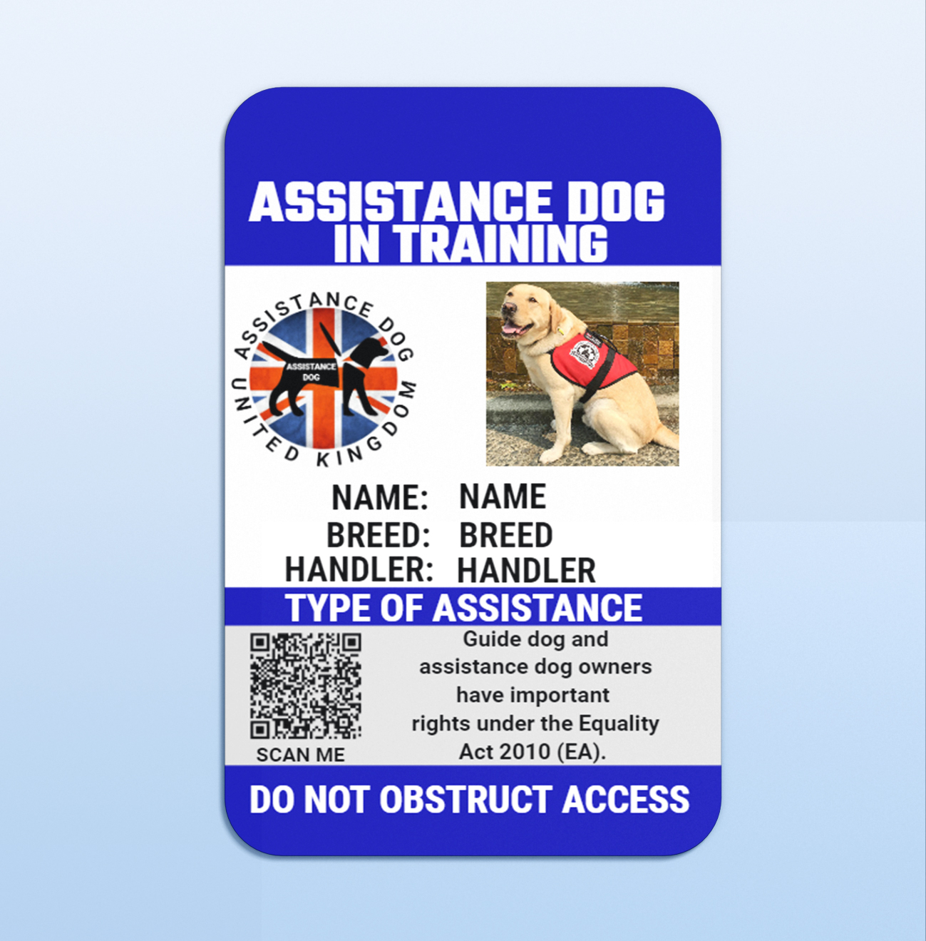 Assistance dog in training law card