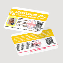 Custom Yellow Assistance Dog Card UK Law with Equality Act and Human rights Commission QR Code AD3