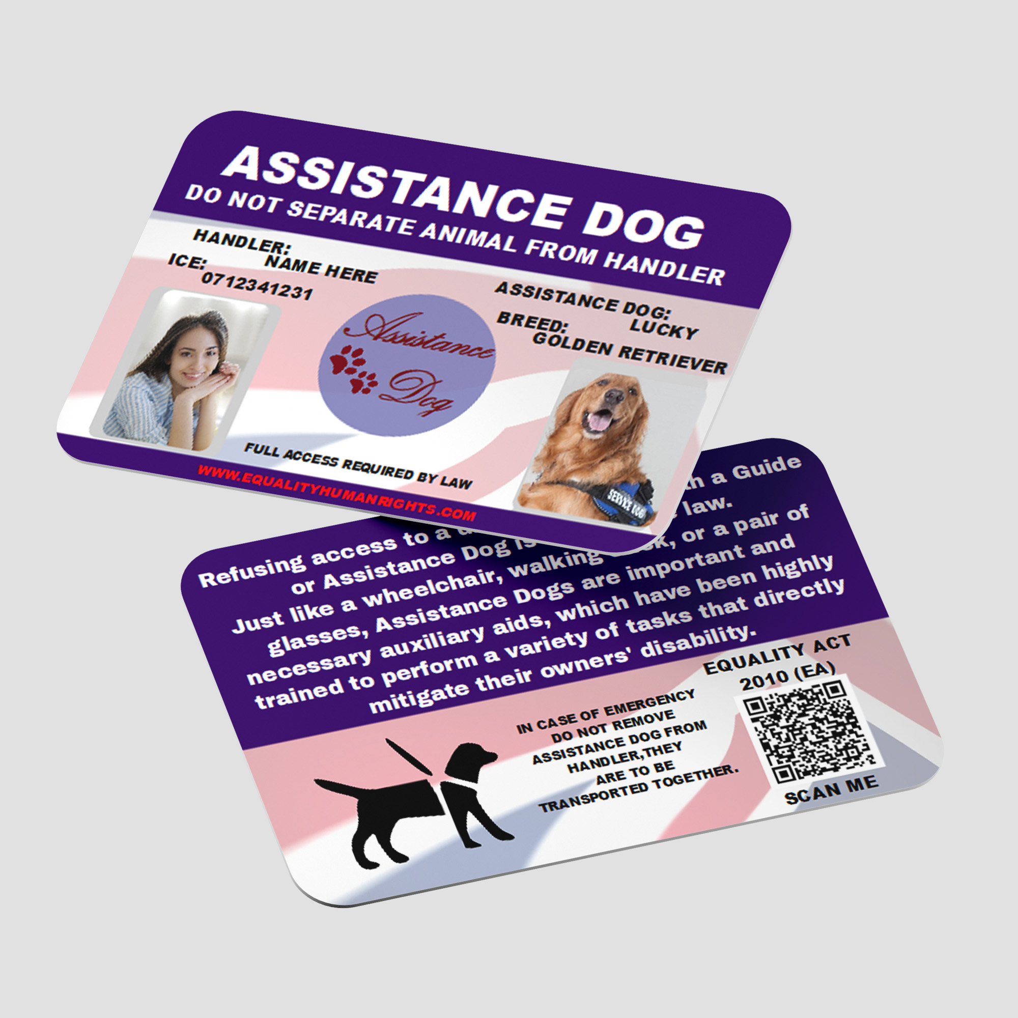 Assistance Dog ID Card AD10 Personalizable with UK Law QR Code