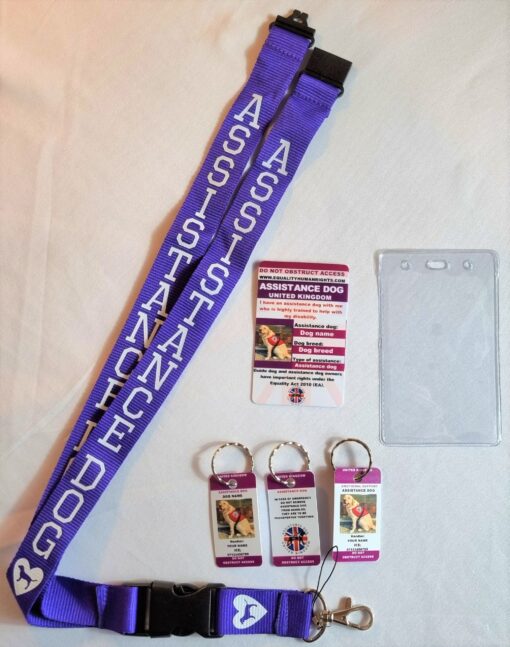 Purple Assistance Dog UK Law Card with Equality & Human Rights Commission Guide QR Code and lanyard