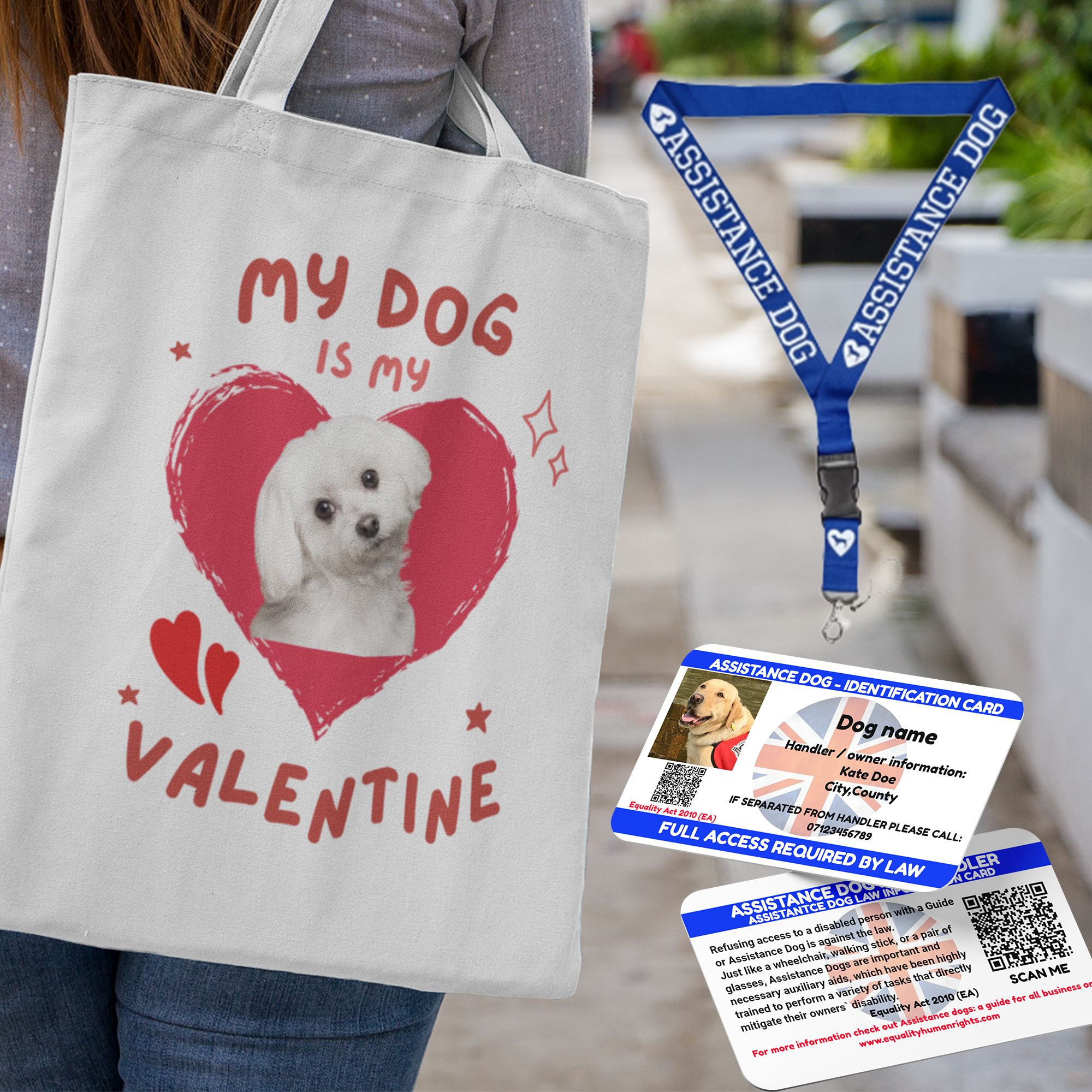My Dog Is my Valentine Personalized Tote Bag ,Assistance Dog Law Card and Assistance Dog Lanyard