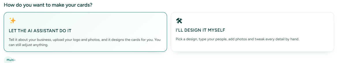 The NS Design card designer asking how you want to make your cards: let the AI assistant do it, or design it yourself
