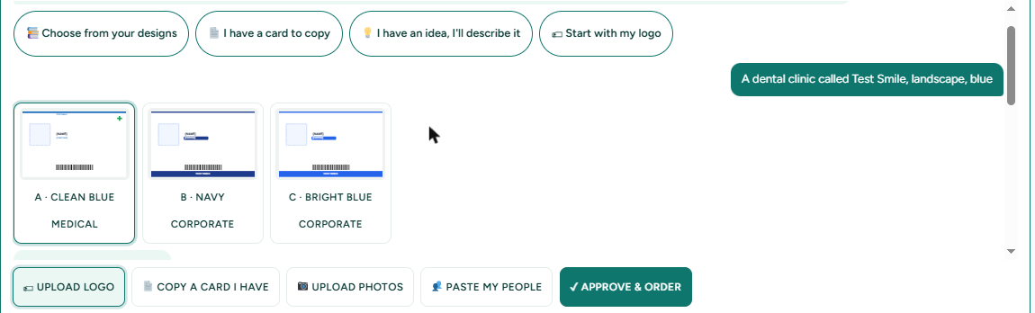 The AI assistant offering three finished ID card designs labelled A Clean Blue, B Navy and C Bright Blue after the request for a blue dental clinic card